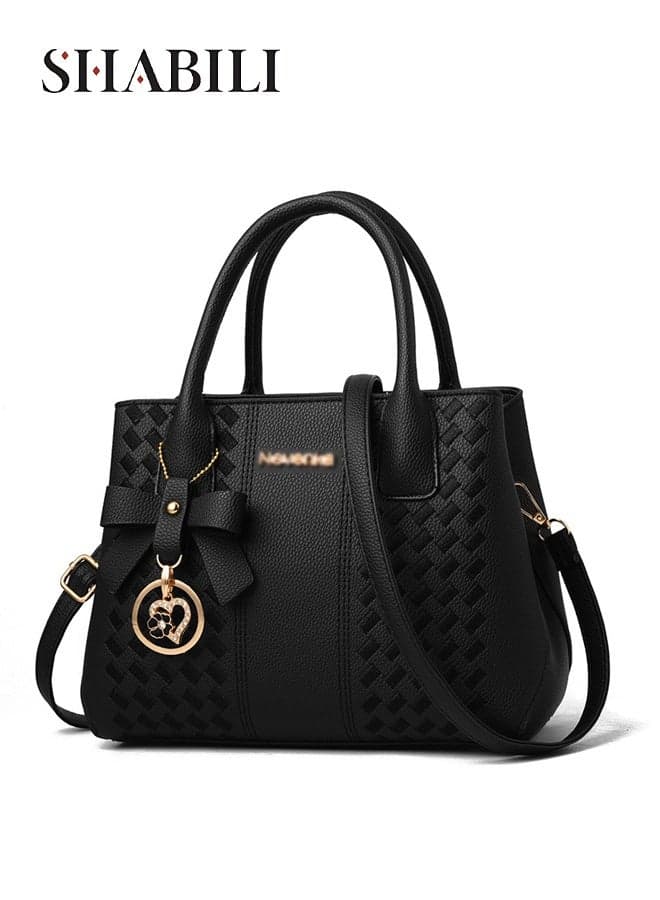 Women Shoulder Bag PU Large-Capacity Multi-Pocket Crossbody Tote Cross Bags Handbag, Ladies Sling Bag Elegant Woven-Texture Satchel For Teenager Youth Daily Casual Party Travel Work Commuter (Black)