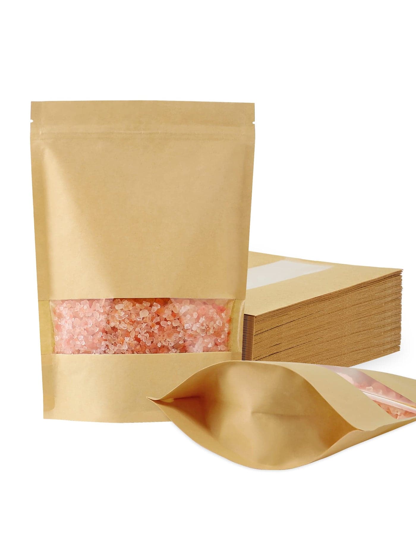 FireKylin 100 Pcs Kraft Paper Bags with Window 55 x 79 Stand Up Pouches Zip Lock Food Storage Bags for Packaging Products Reusable Sealable