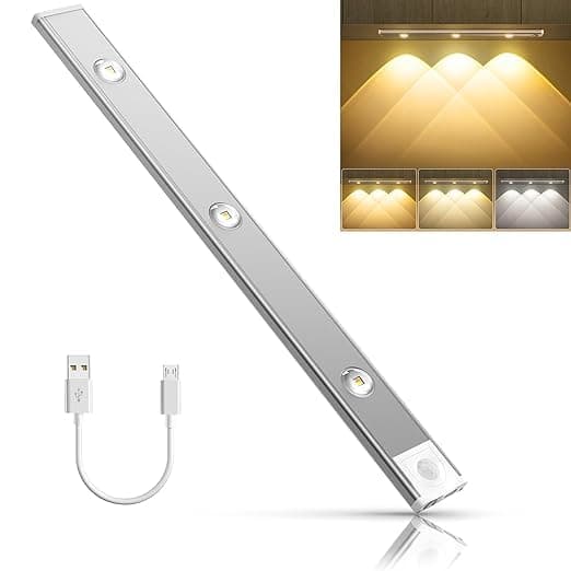 KISUASHI Motion Sensor Under Cabinet Light Strip 3 Colors Mode Rechargeable Wireless Adhesive Sticker Counter Lights for Kitchen Stair Home Room Decore 3 LED 40cm Pack of 1