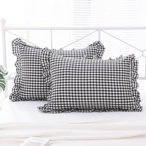 K MASANIJI 2 Pack Black and White Plaid Ruffle Gingham Standard Pillow Shams, 100% Washed Cotton Checkered Farmhouse Shabby Pillow Covers for Bed/Sofa - 20"x26"