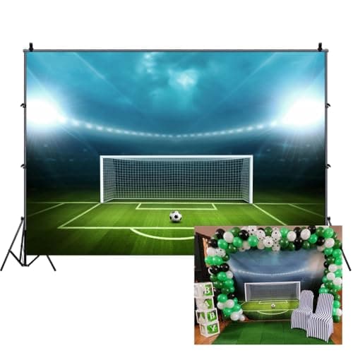 AOFOTO 7x5ft Soccer Field Background Football Pitch Goal Post Ball Game Stadium Spotlight Photography Backdrop Sports Club Fitness Player School Match Photo Studio Props Kid Boy Portrait Wallpaper