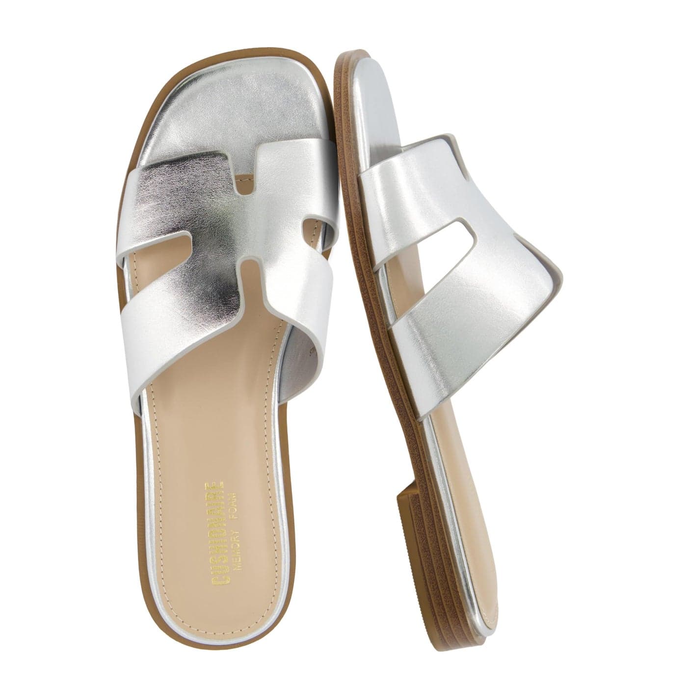 CUSHIONAIRE Voyage Cutout Strap Slides for Women Slip On Summer Flats Trendy Footwear Comfortable Vacation Style Sandals for Women 2025 SILVER 65