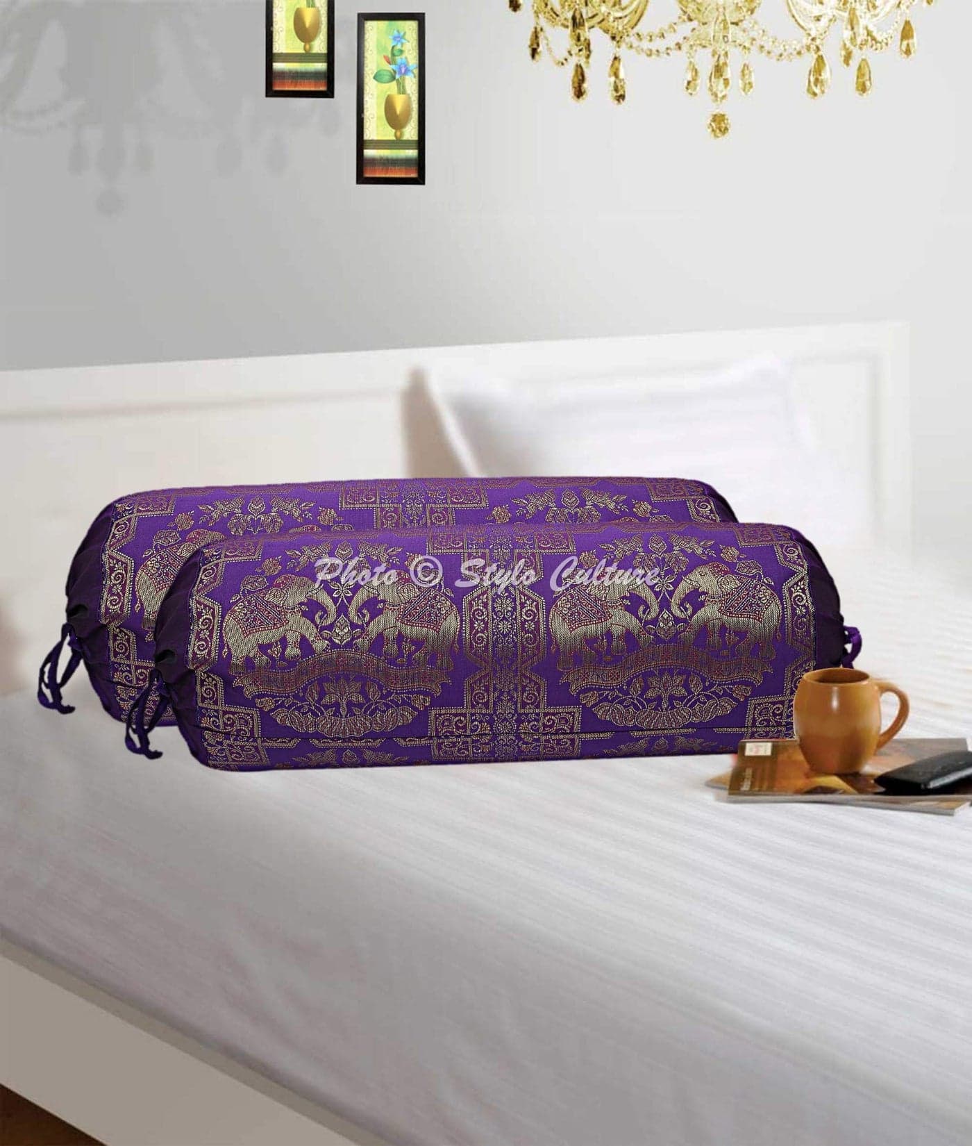 Stylo Culture Ethnic Polydupion Silk Cylindrical Decorative Tube Pillow Bolster Covers Purple Gold Elephant Jacquard Brocade Border Large Couch Round Masand Massand Covers (Set of 2) | 30x15 Inches