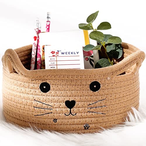 Zopeal Cat Basket Storage Woven Organizer with Ears Decorative Pet Toy Cute Cotton Rope Basket for Gift Cat Dog Toy Bin Nursery Room83 x 47 InchKhaki
