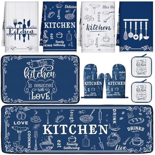 10 Pcs Farmhouse Kitchen Decor Set 4 Navy Blue Kitchen Dish Towels 2 Blue and White Pot Holders 2 Oven Mitts 2 Rustic Rugs Mats for Floor for Home Decorations Cooking Baking Mom Gifts Accessories
