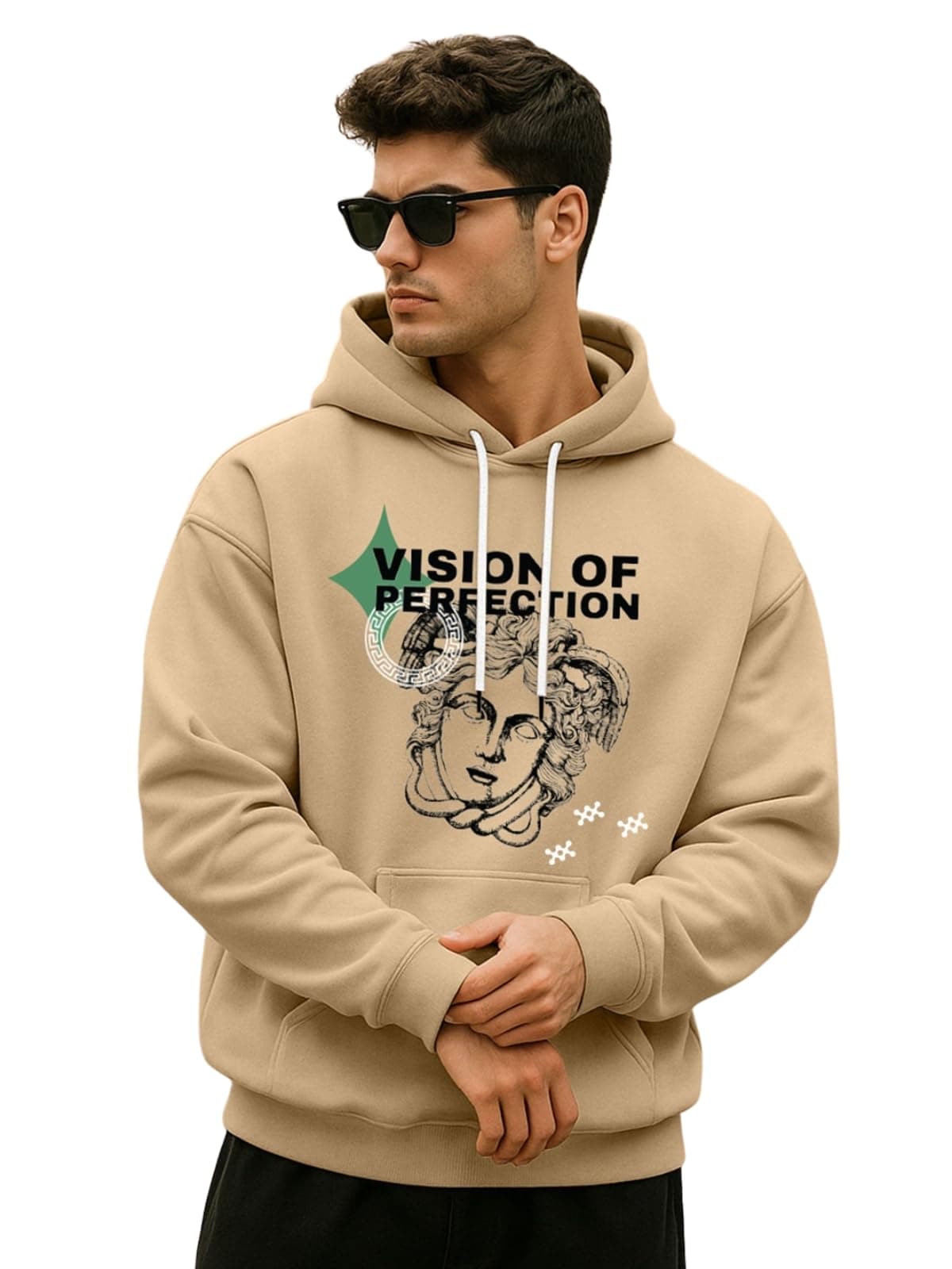 Veirdo Cotton Fleece Regular Fit Hooded Sweatshirt Full Sleeves Vision of Perfection Front Graphic Printed Jumper Beige Winter Sweatshirt for Men (W_05_PRFCTION_LB_L)