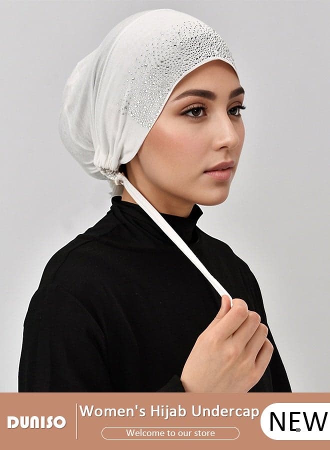 Women Hijab Undercap Fashion Solid Color Women Under Scarf Hat Premium Headwear Soft Lightweight Breathable Hot Diamond Islamic Muslim Hijab Undercap with Tie Back Closure for Women Girls(White)
