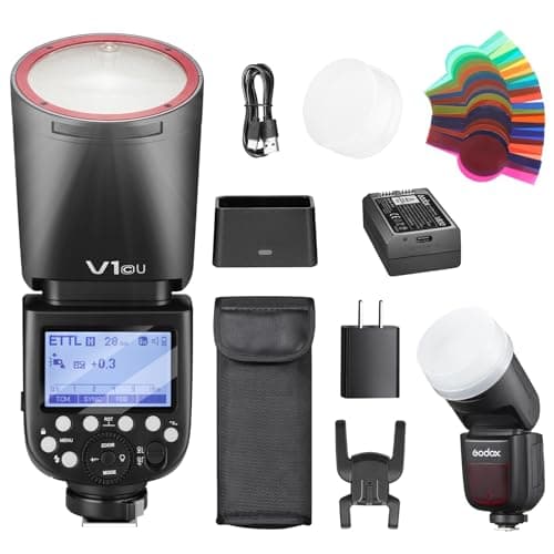Godox V1C USA V1C U Round Head Flash for Canon TTL Hot Shoe Flash 24G X Wireless HSS 18000s 2980mAh Lithium Battery LED Modeling Lamp Shot Speedlight with TriColor Diffuser for CanonUSABlackRed