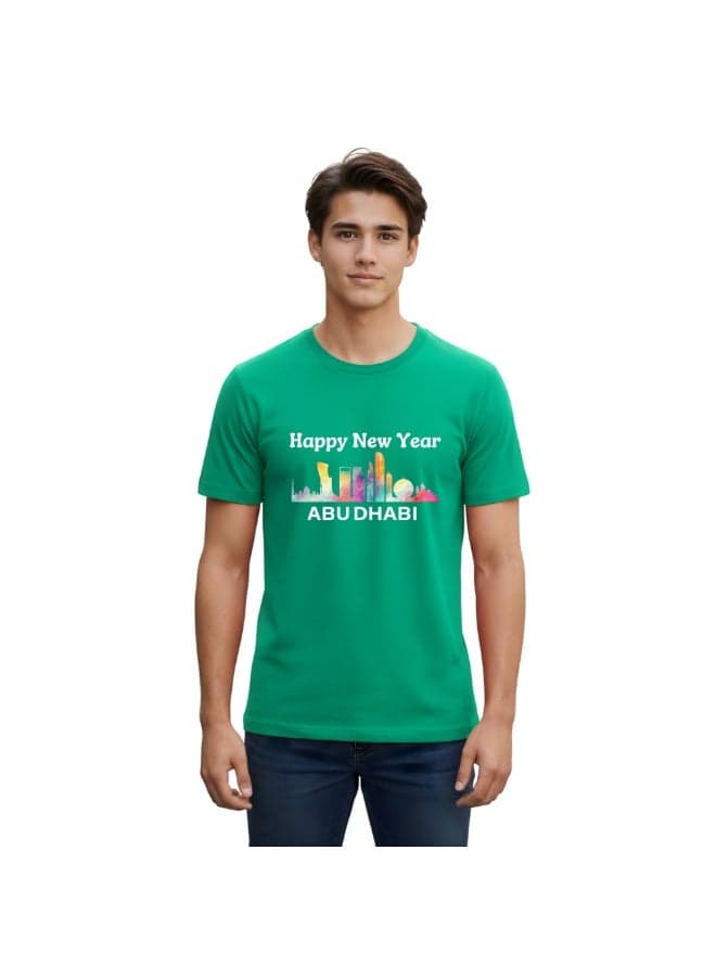 Happy New Year Abu Dhabi Themed Adult Men's T-Shirt-Celebrate In Stunning Abu Dhabi Round Neck Short Sleeve Cotton T-Shirt-Perfect For New Year Party