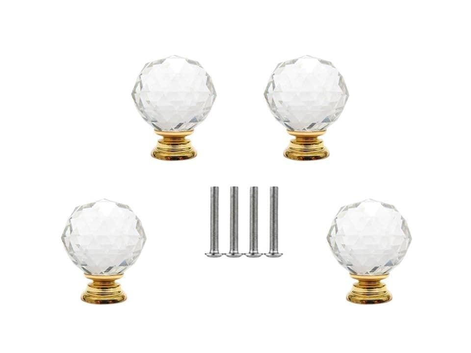 JP Hardware Clear Glass Crystal Diamond Shape Cabinet KnobsWardrobe Door KnobsCupboard Drawer Pull HandleGlass Dresser Knobs Pack of 4_40mm Crystal Glass Gold
