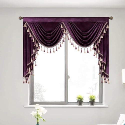 VOGOL Vintage Style Waterfall Valances, Luxury Dark Purple Velvet Valances with Handmade Tassels, Decorative Solid Window Treatment for Bedroom, 1 Panel, W59
