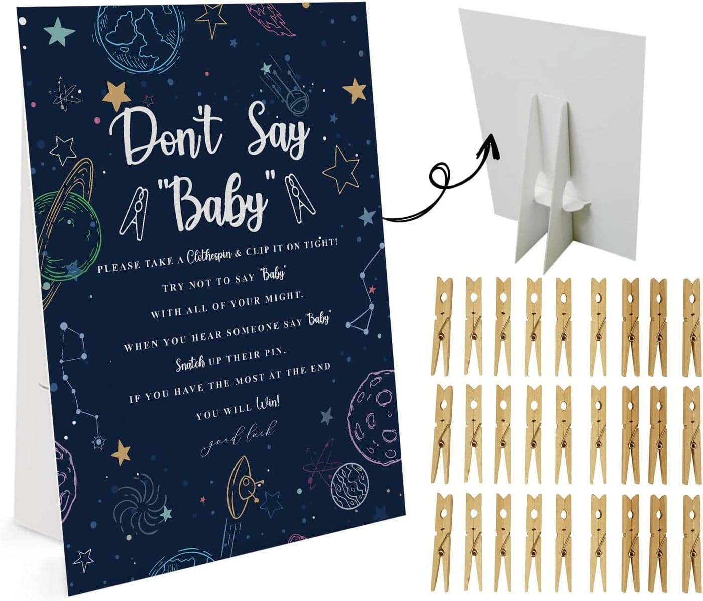 Galaxy Dont Say Baby Game 1 Sign And 50 Mini Natural Clothespins Dont Say Baby Baby Shower Game Baby Shower Decorations Baby Shower Games Gender Neutral Outer Space Baby Shower Game DS17