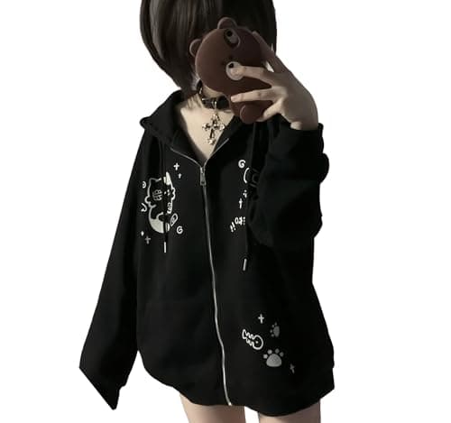Dynict Womens Y2K Zip Up Cute Graphic Hoodies Cat Ears Casual Cartoon Harajuku Kawaii Clothes Oversize Streetwear Jacket (US, Alpha, Small, Regular, Regular, Black)