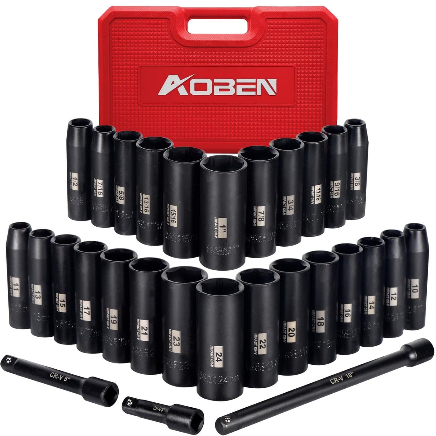 AOBEN 12Inch Drive Impact Socket Set 29 Pieces 6 Point SAEMetric 38 1 10mm 24mm Deep CrV Steel Includes 3 5 10 Extension bars