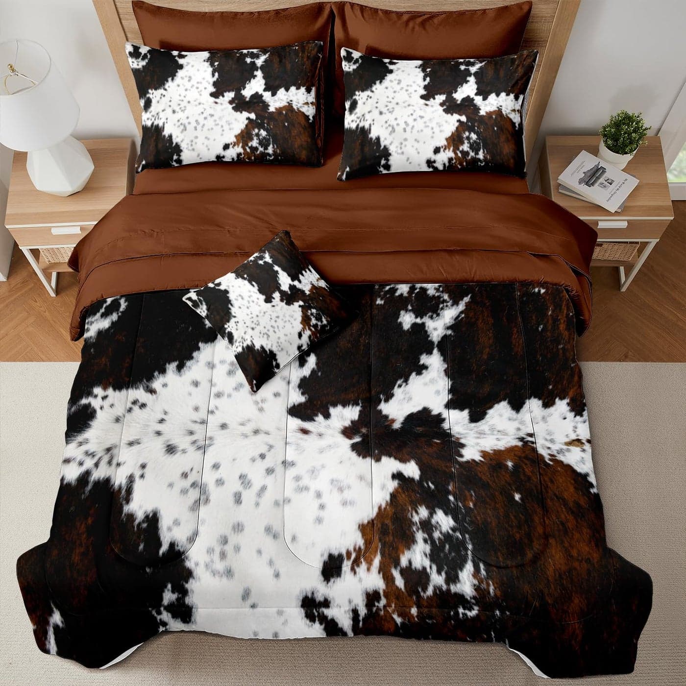 MUGINYU Brown Cowhide Comforter Set Queen 8 Pieces Bed in a Bag Black White Cow Skin Print Western Farmhouse Animal Fur Bedding Set