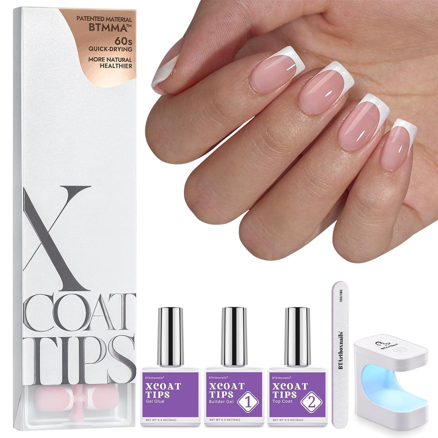 BTArtboxnails XCOATTIPS Gel Nail Kit Short Squre French Tip Press on Nails Kit Pink Soft Gel Nail Tips with Nail Gel French Protecing Duo and Nail Lamp for Gift Home DIY