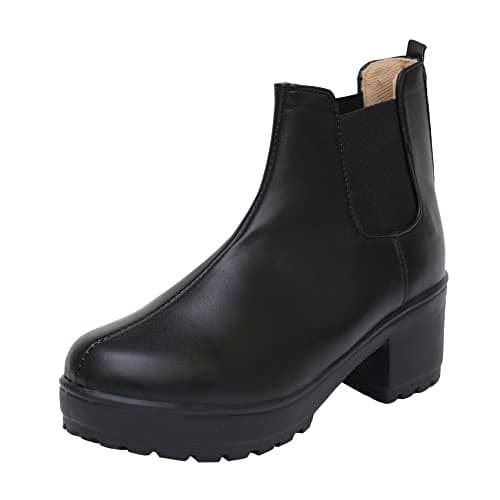 XE Looks 100% Vegan Leather Women's Black Ankle Boots | Comfortable Slip-On Design with Block Heel | Durable Leather Upper & Elastic Sides Boots For Girls & Women