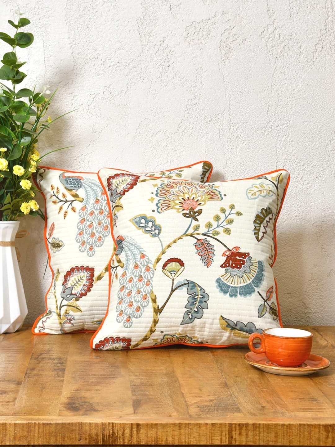 Clasiko Cotton 300 TC Cushion Covers Set of 2; 22X22 Inches; Multicolor Peacock