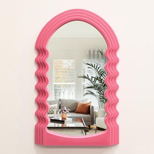 TEIPAI Wavy Wall Mirror for Living Room Decor, Velvet Finish Funky Wall Mounted Mirror for Girly Bedroom Decoration, Cute Hanging Sculpture Home Accent for Dining Room Kitchen (Pink)