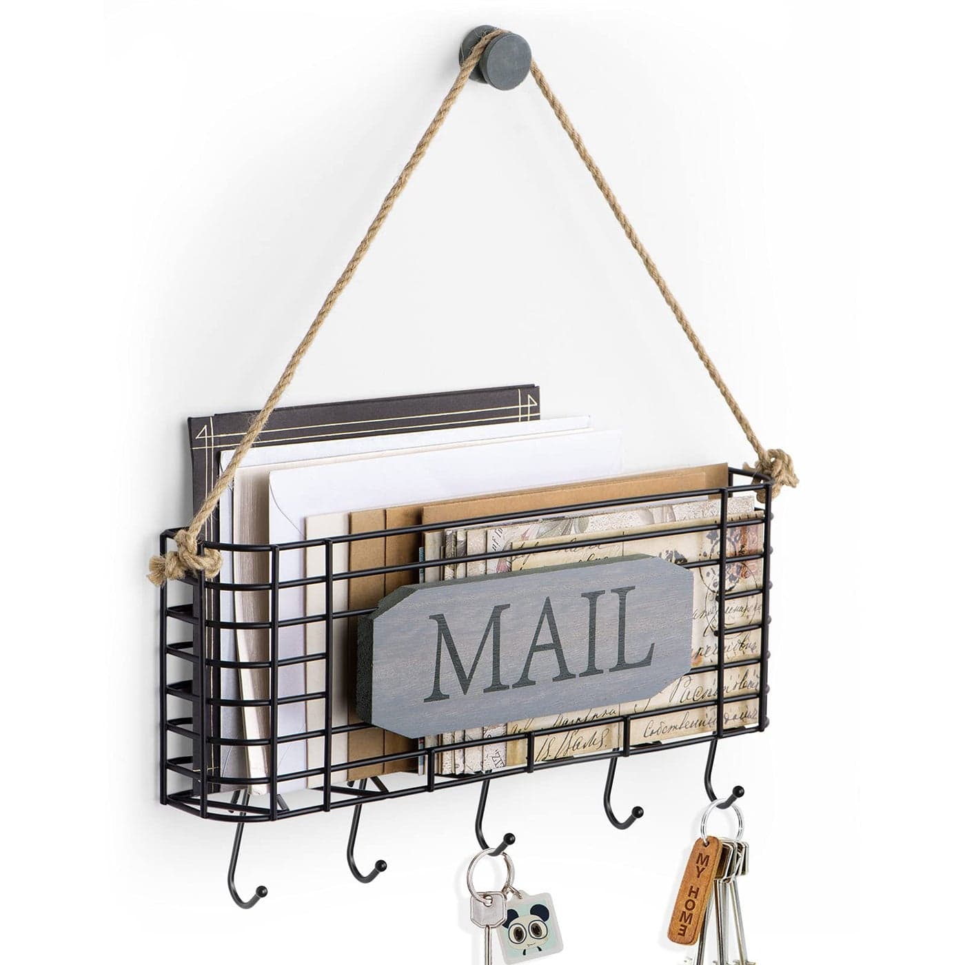 SRIWATANA Mail Key Holder for Wall Rustic Mail Organizer Wall Mount with 5 Key Hooks Large Weathered Grey