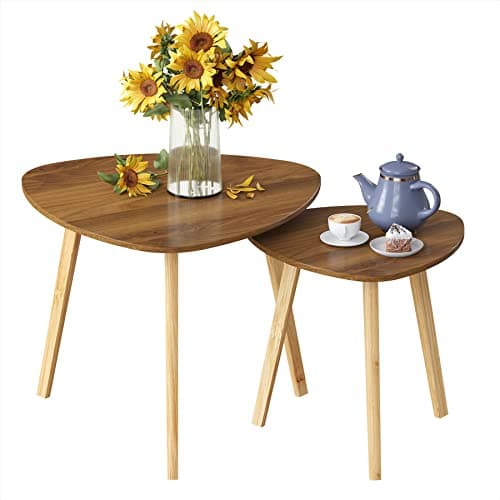 BAMEOS Bamboo Nesting Triangle End TableSet of 2 Coffee Table Modern Minimalist Side Table for Living Room Walunt