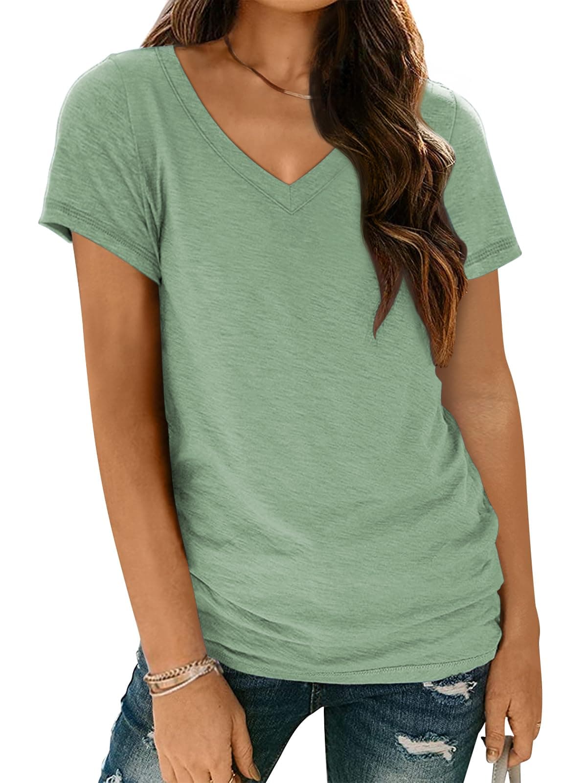 AUTOMET T Shirts Short Sleeve V Neck Tees Tops for Women Fashion Trendy Lightweight Soft Casual Summer Outfits Clothes 2024 Green XL