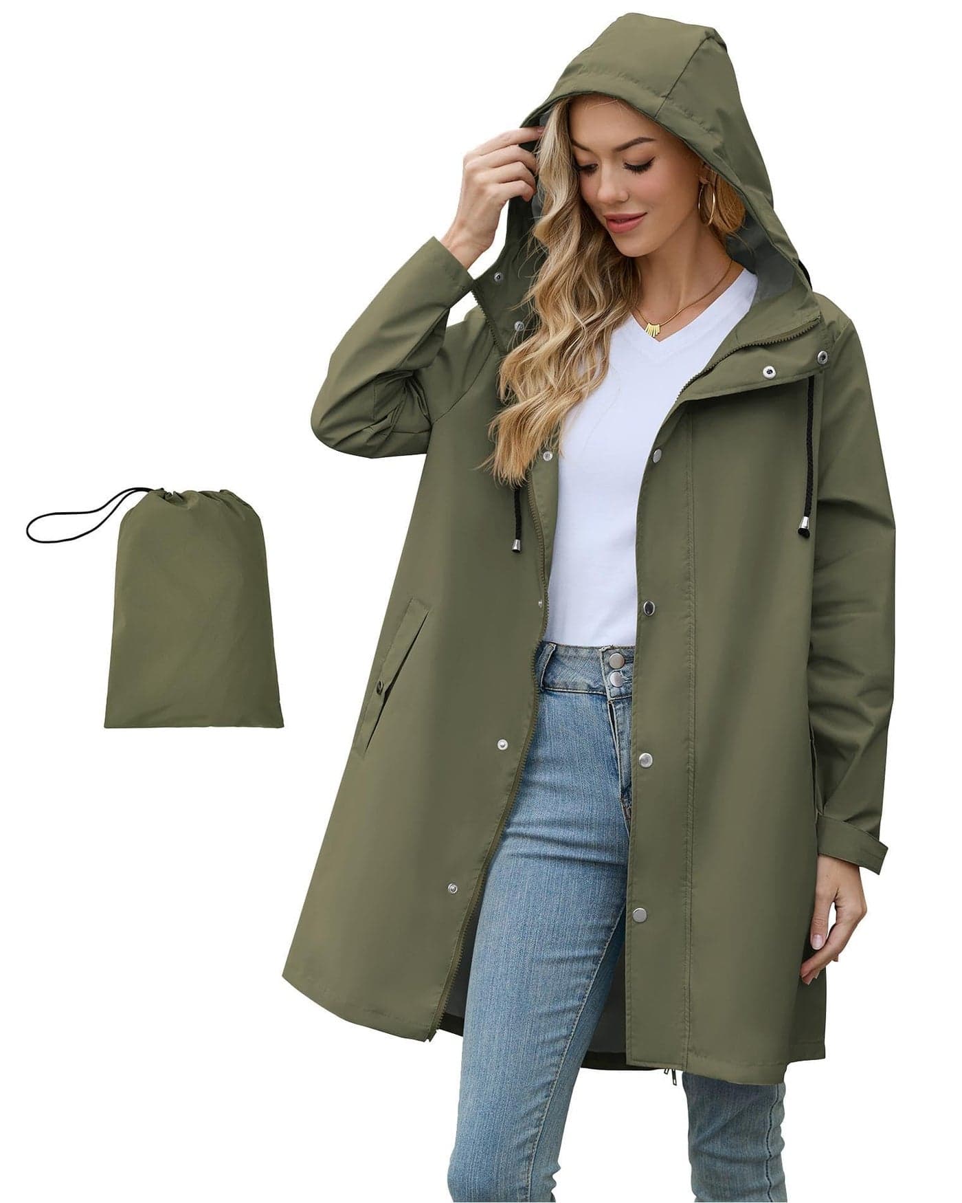 Packable Waterproof Rain Jacket Women with Hood Lightweight Raincoat Long Hooded Trench Coats Outdoor Windbreaker Travel Jacket Amy Green S