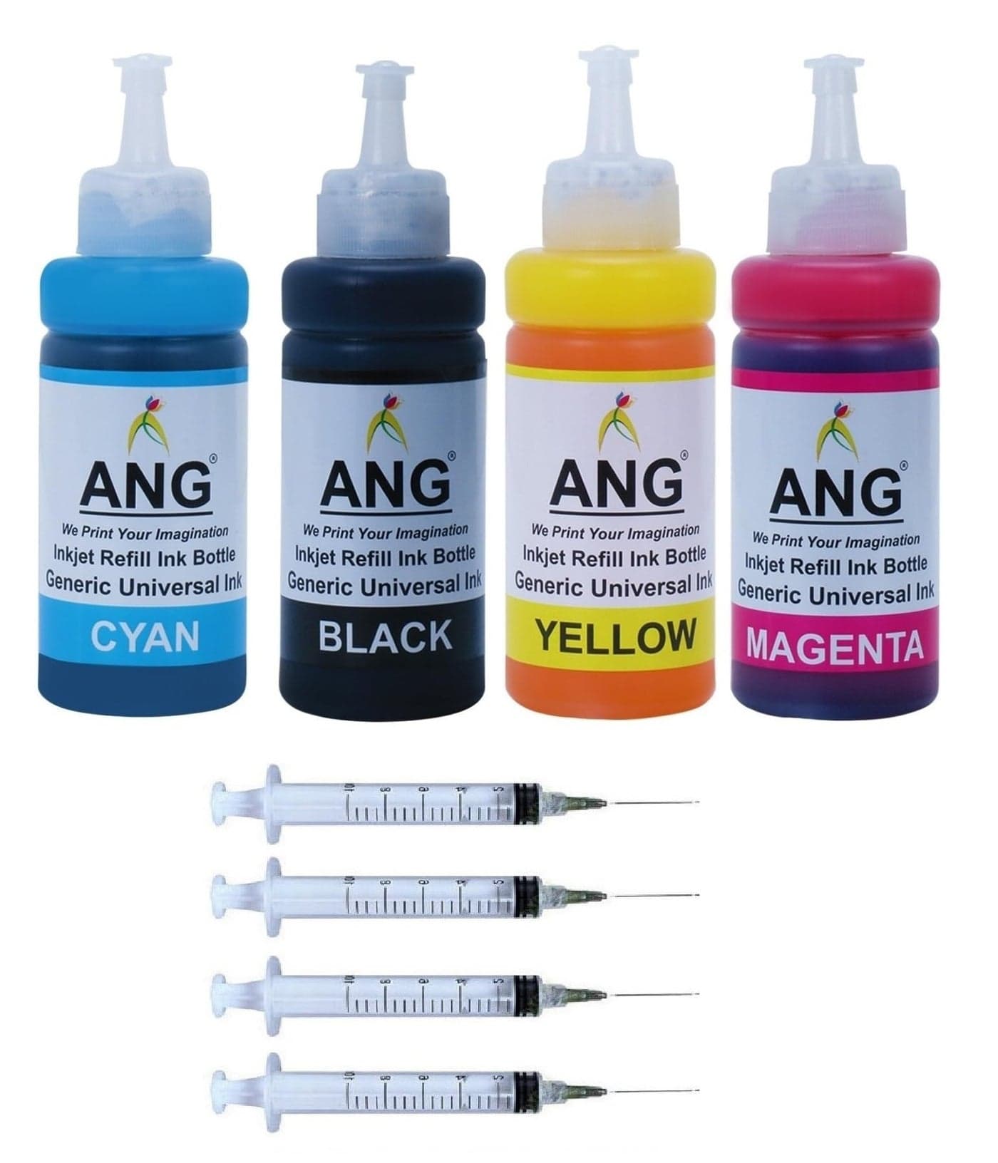 ANG Compatible Refill Ink for Use in Cannon Pixma E410, E417, E460, E470, E477, E480, E3170, E3177, E4270 All-in-One Printer Ink C,M,Y & Black - 100 ML Each Bottle with Syringes
