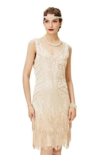 BABEYOND Women's Flapper Dresses 1920s V Neck Beaded Fringed Great Gatsby Dress Beige