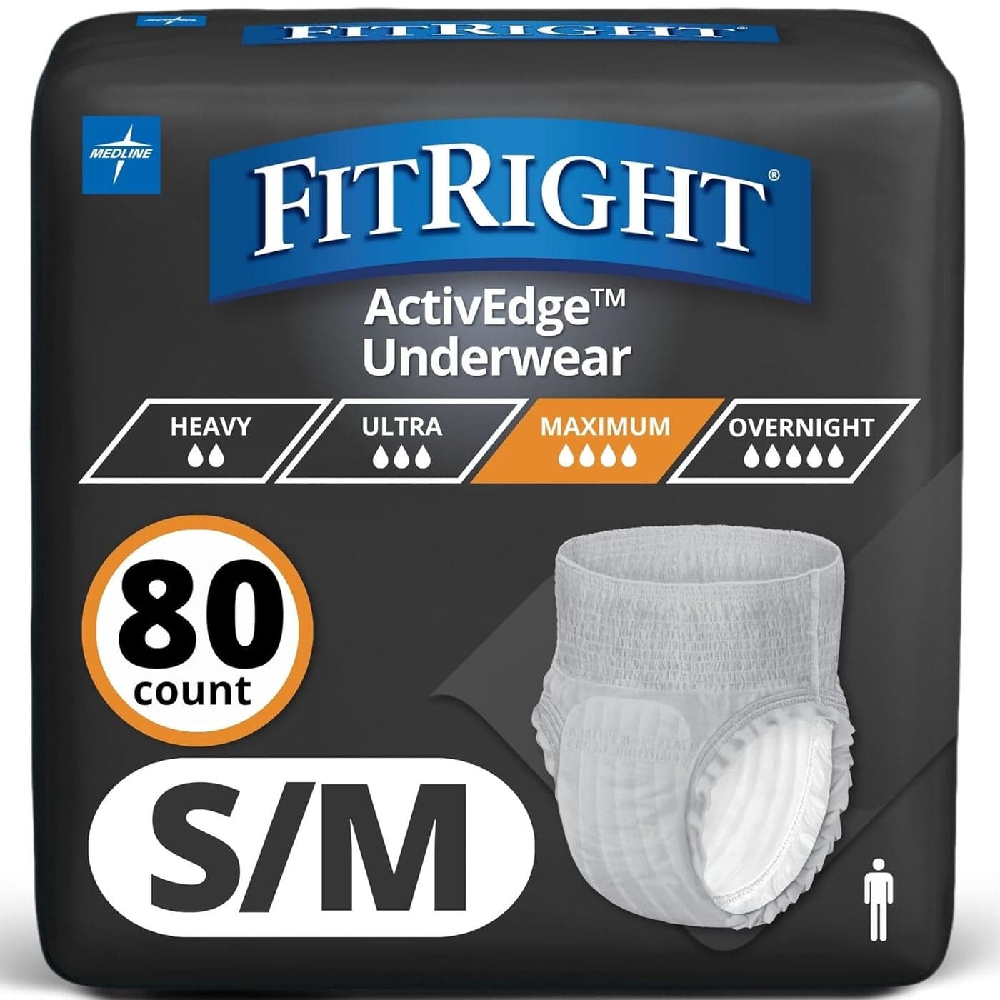 FitRight Ultra ActivEdge Protective Incontinence Underwear for Active Men Heavy Absorbency Comfortable Fit Small to Medium 2840 Inches 80 Count 4 Packs of 20