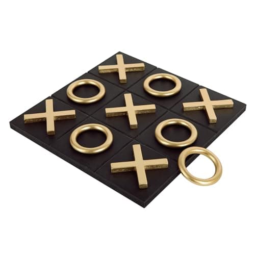 NIKKY HOME 12x12 Inch Tic Tac Toe Wood Game Board Classic Coffee Table Decor Modern Wooden Travel Game for Family Black Gold