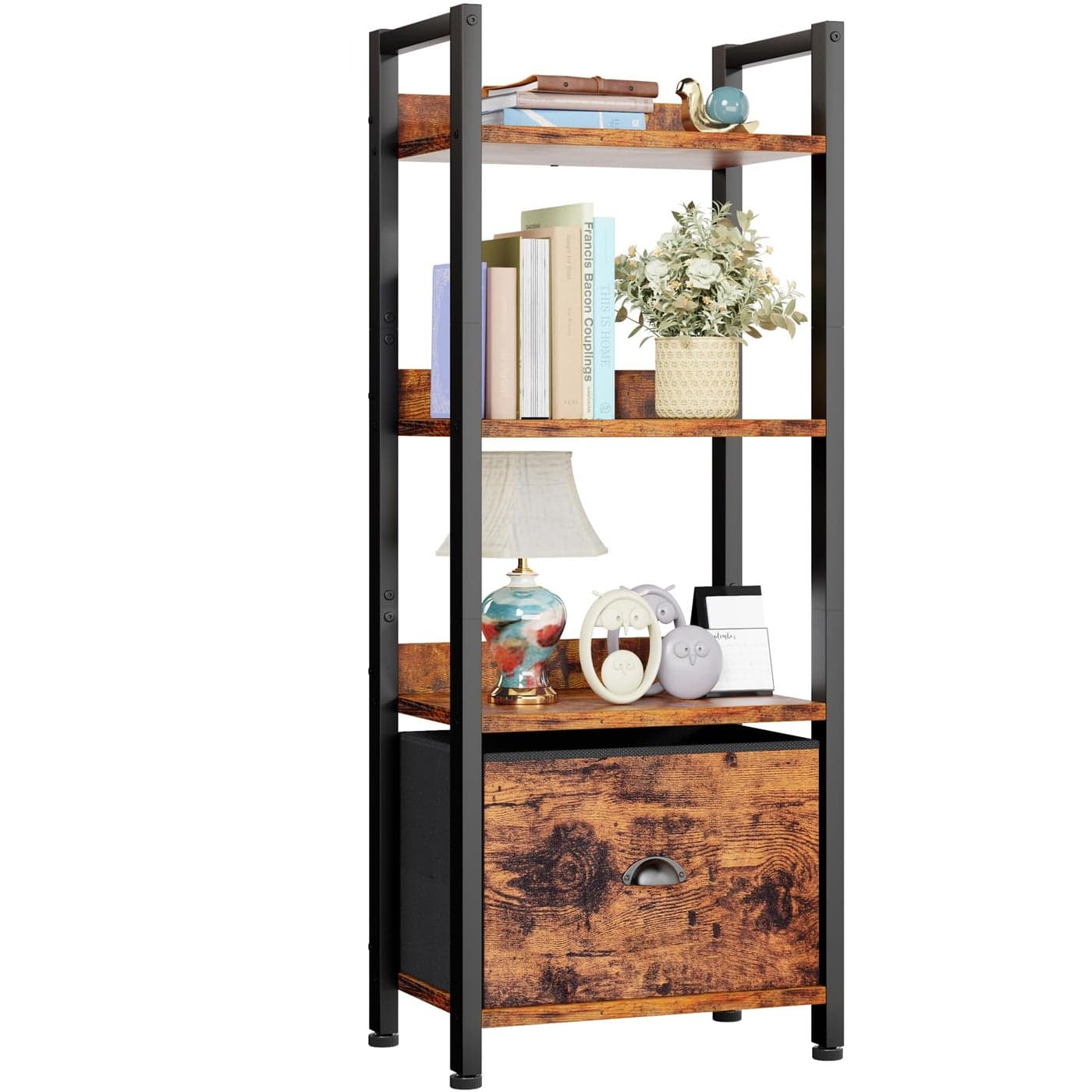 Furologee 4 Tier Bookshelf with Drawer Tall Bookcase with Shelves Narrow Bookshelves Storage Organizer Wood and Metal Display Standing Shelf Unit for Bedroom Living Room Rustic Brown