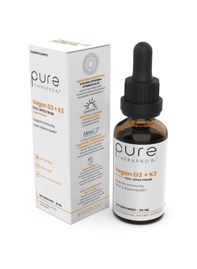Vegan D3 + K2 Organic 100% Liposomal | 180 Servings | Maximum Absorption Vitamin D3 and Vitamin K2 Supplements for Men and Women, D3 Vitamin 5000 IU, Liquid Vitamin D3 with K2 - 20 mL Bottle
