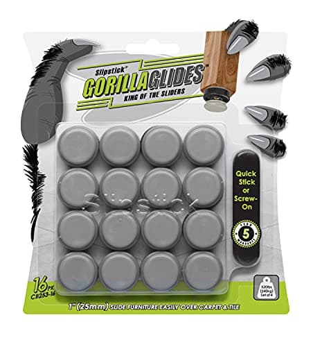 GorillaGlides 1 Inch Chair Sliders/Furniture Floor Protectors (16 Furniture Glides) Self-Adhesive Screw On Chair Glides for Sliding on Low-Pile Carpet & Hard Surface Floors, Round