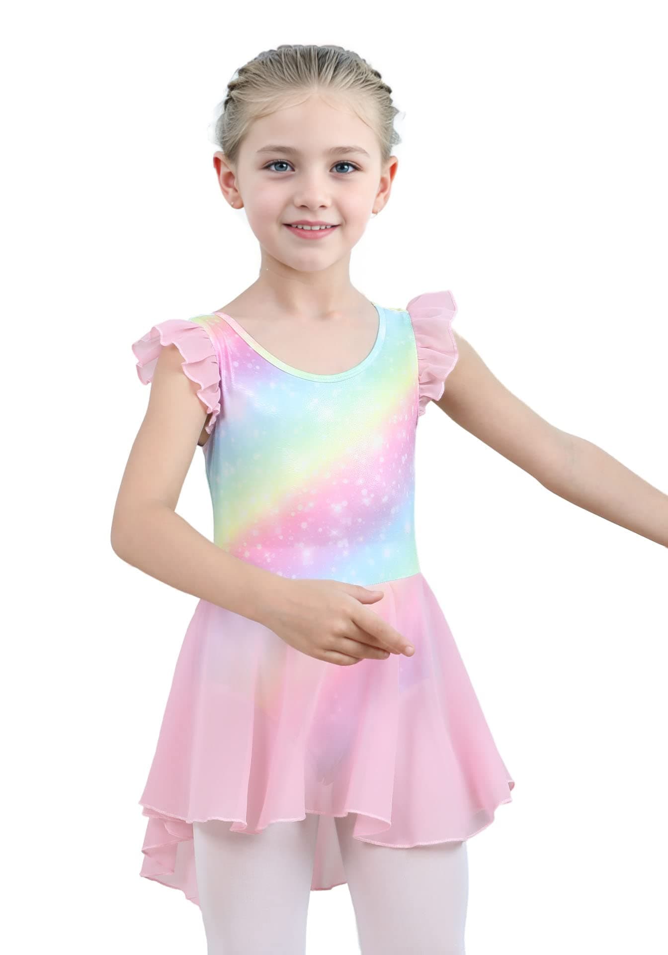 iLover Kids Girls Classic Ruffle Sleeve Tutu kirted Leotard Dress for Dance, Gymnastics and Ballet 5-6 Years Rainbow-Pink