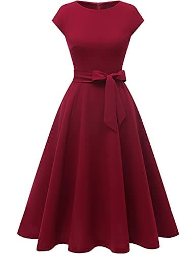 DRESSTELLS Red Christmas Holiday Party Cocktail Dresses for Women 2025, Formal Wedding Guest Church Vintage 50s Fit Flare Evening Gown Burgundy XS