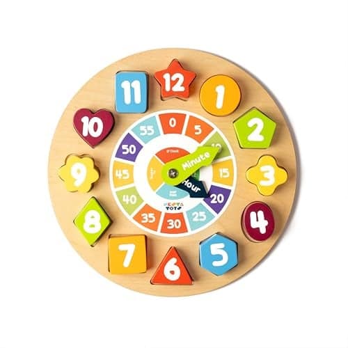 NESTA TOYS Wooden Shape Sorting Clock Toy | Tells Time + Sorts Shapes + Lacing | 12 Number Blocks + Movable Hands | Montessori | Non-Toxic Wood | Gift for Kids Age 3+