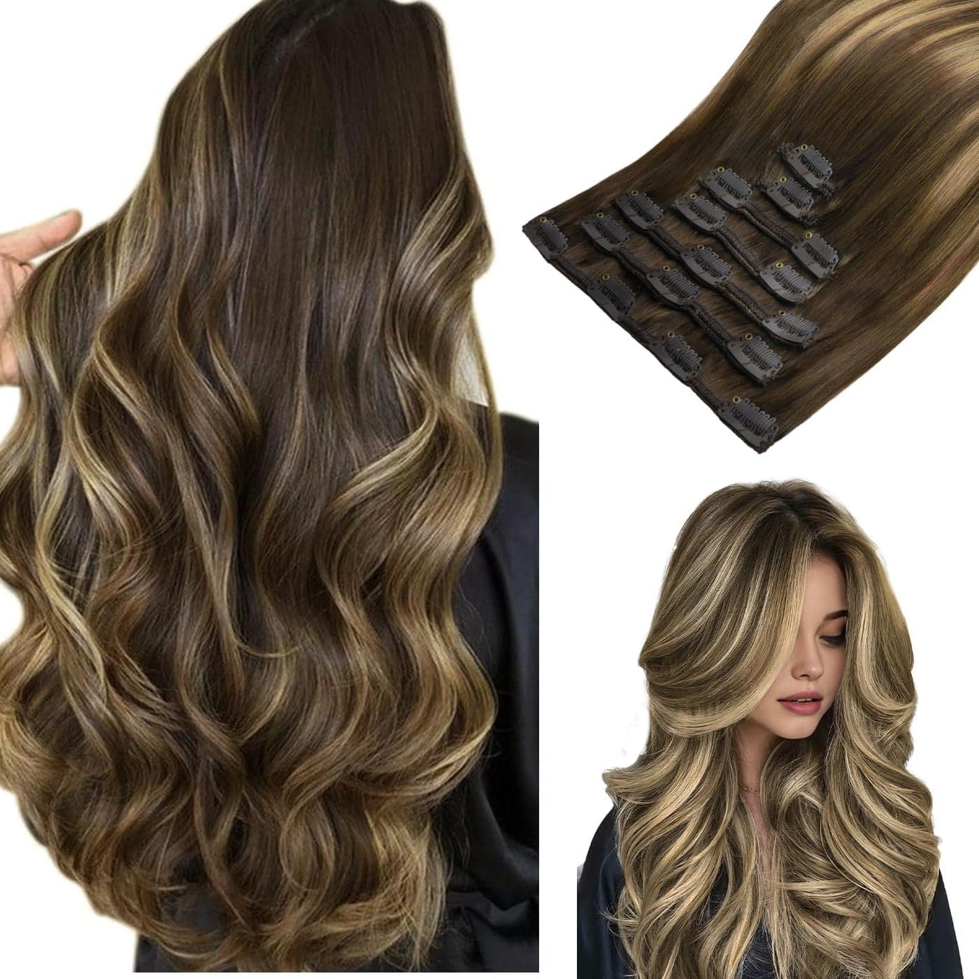 Clip in Hair Extensions hotbanana Balayage Chocolate Brown to Caramel Blonde Clip Hair Extensions Real Human Hairs Straight Remy Clips in Extension 14 inch 120g 7pcs