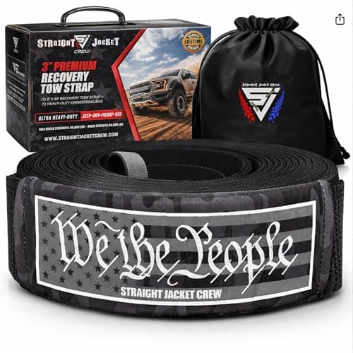 Straight Jacket Crew 3" X 20' Heavy Duty Tow Strap - 30,000 Lb Break Strength Recovery Strap for Truck, SUV, Jeep & Off-Road Use | Reinforced Loops, Abrasion Sleeve & Carry Bag Included.