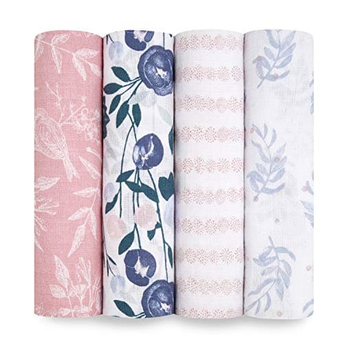 aden + anais Essentials Muslin Swaddle Blankets for Baby Girls and Boys, Newborn Receiving Blanket for Swaddling, 100% Cotton Baby Swaddle Wrap, 4 Pack, Flowers Bloom
