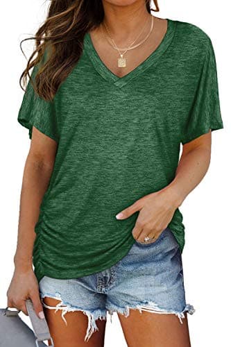 Cute Tops for Women Short Sleeve V-Neck Loose Fitting T Shirts Spring Tops Summer Outfits Blouses Resort Wear 2025 Green S