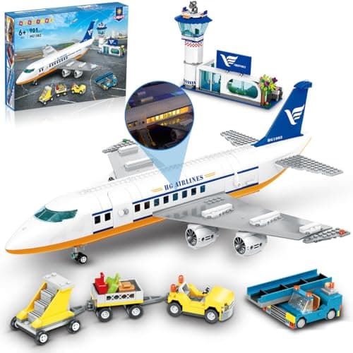HOGOKIDS City Passenger Airplane Building Set with LED Light 901 PCS Plane Building Blocks with Airport Terminal Radar Tower Luggage Trailer Planes Model Toys Gifts for Adults Boys Girls Age 612