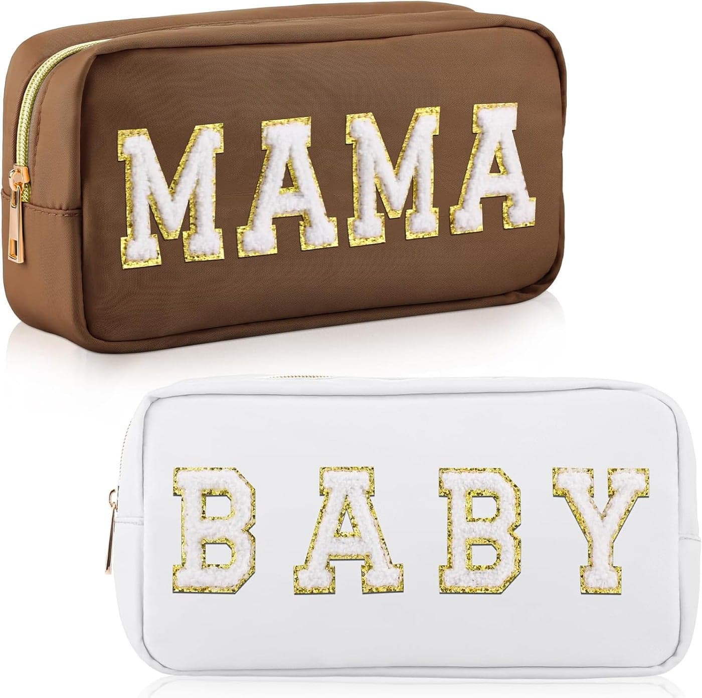 Sanwuta 2 Pieces Nylon Cosmetic Bag Chenille Letter Makeup Bag Pouch Zipper Travel Toiletries Pouch Preppy Patch Cosmetic Travel Toiletry Organizer for Women and Girls(Camel, White,Baby and Mama)