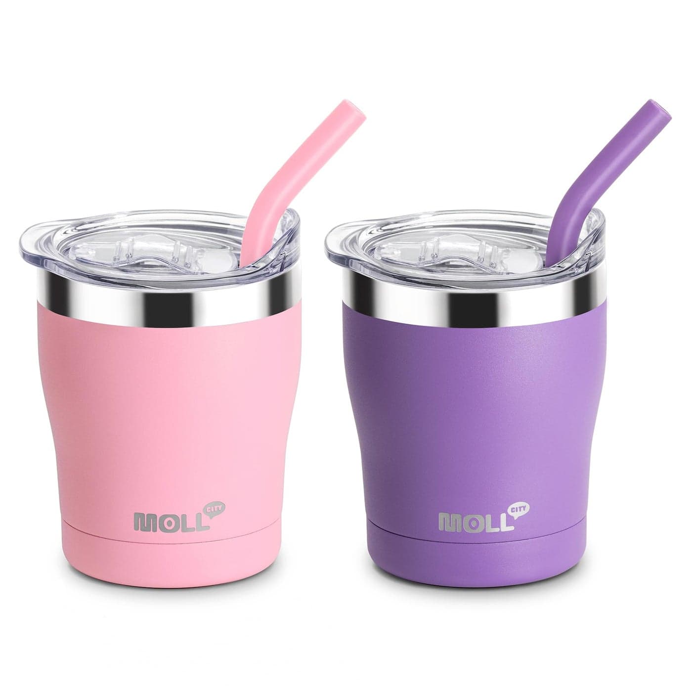 Mollcity Kids Tumbler with Straw2 Pack Tumbler Stainless Steel Double Wall Vacuum Insulated Water Cup with Spill Proof Lid SweatFree PinkPurple
