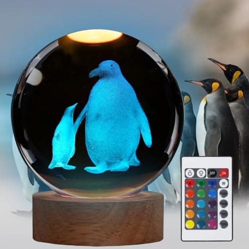 POSSHE Penguin Night Light Penguin Gifts K9 315 Inch 80mm Crystal Ball Night Light with 16 Colors Remote Upgraded Lamp for Birthday Xmas Cool Animal Figurines Gifts for Room Decor Boys Girls