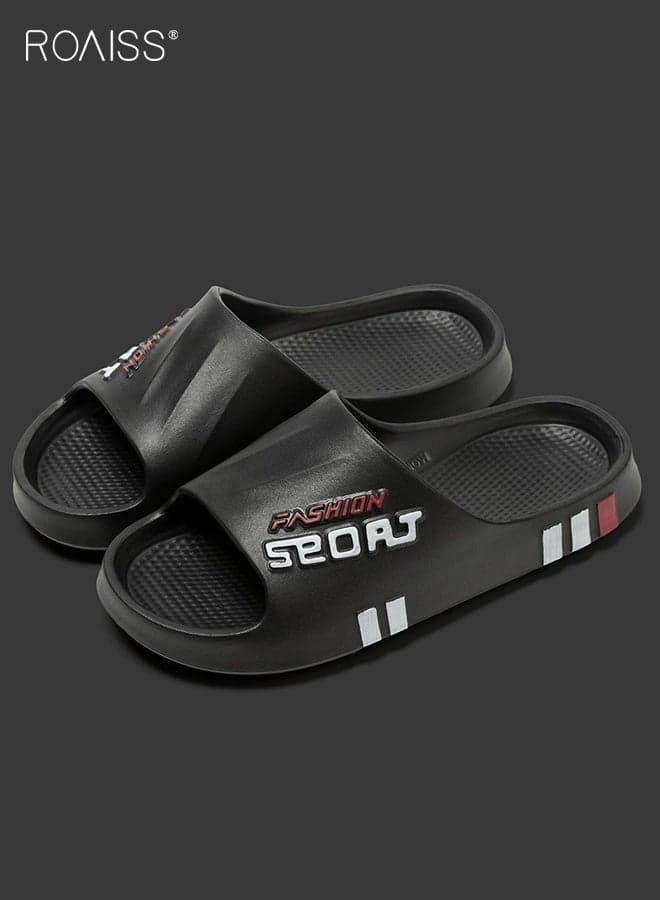 Neutral-Color Non-Slip Slippers, Indoor Home Use Anti-Slip Bathroom Shower EVA Odor-Free Footwear, Couple's Outdoor Wear New Fashion Striped Flat Sandals with Soft Cushioning, Black
