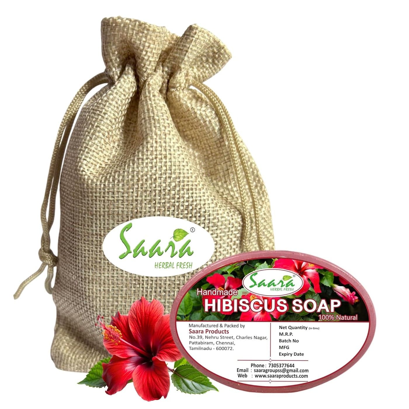 Saara HERBAL FRESH Handmade Herbal Hibiscus Soap 90g Sembaruthi Soap For Herbal Skin Cleanser Nourishing Care Pure Coconut Oil Pack of 4