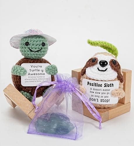 2 Pack Positive Crochet Animals Birthday Gifts for Women Men Includes Motivational Cards and a Wooden Base Cute Small Gift for Son Mom Dad Daughter Sister Friend Coworkers