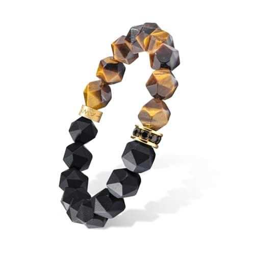 AWNL Men's 10mm Beaded Bracelet for Men with Tiger Eye and Black Onyx Bracelet Energy Healing Double Protection Chakra Bracelet with Lucky Wheel Charms, 6.3'' - 6.7''