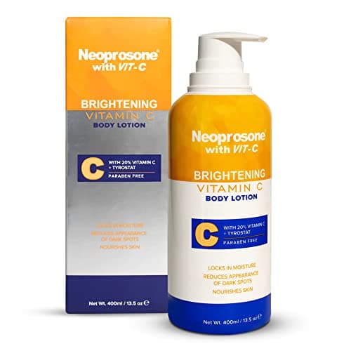 Neoprosone Brightening Body Lotion 135 Fl Oz 400ml Formulated to Fade Dark Spots on Elbows Knees Neck Body and Intimate Parts with Tyrostat Shea Butter Vitamin C Vitamin E